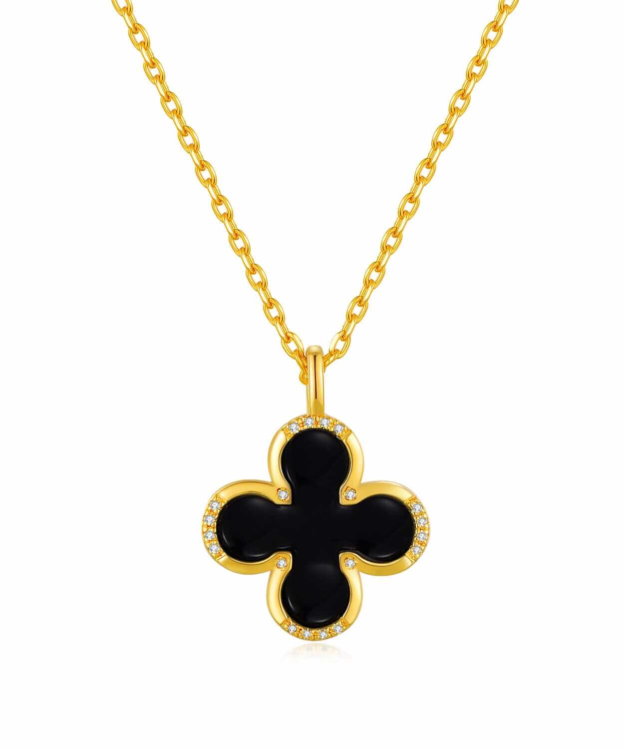 Onyx Serenity Clover Necklace - 24k Gold Handcrafted 