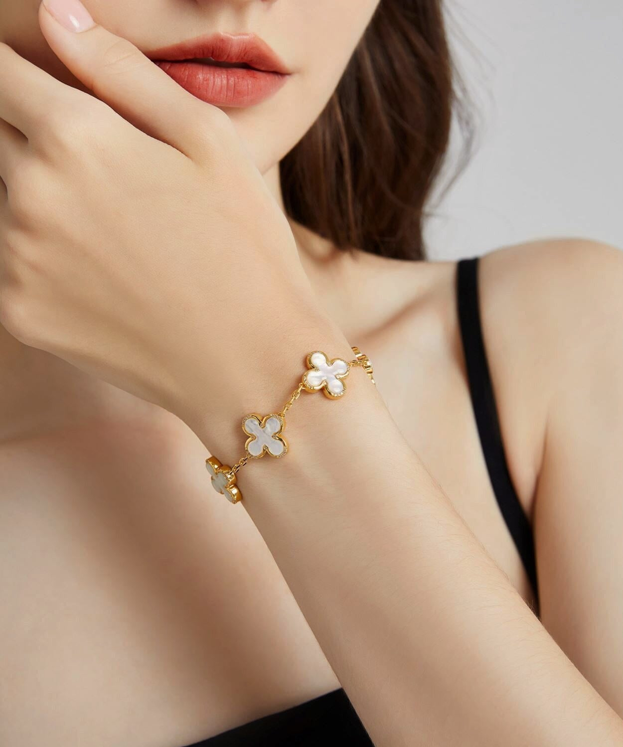 24K Gold Mother of Pearl Clover Bracelet Saurin Jiya