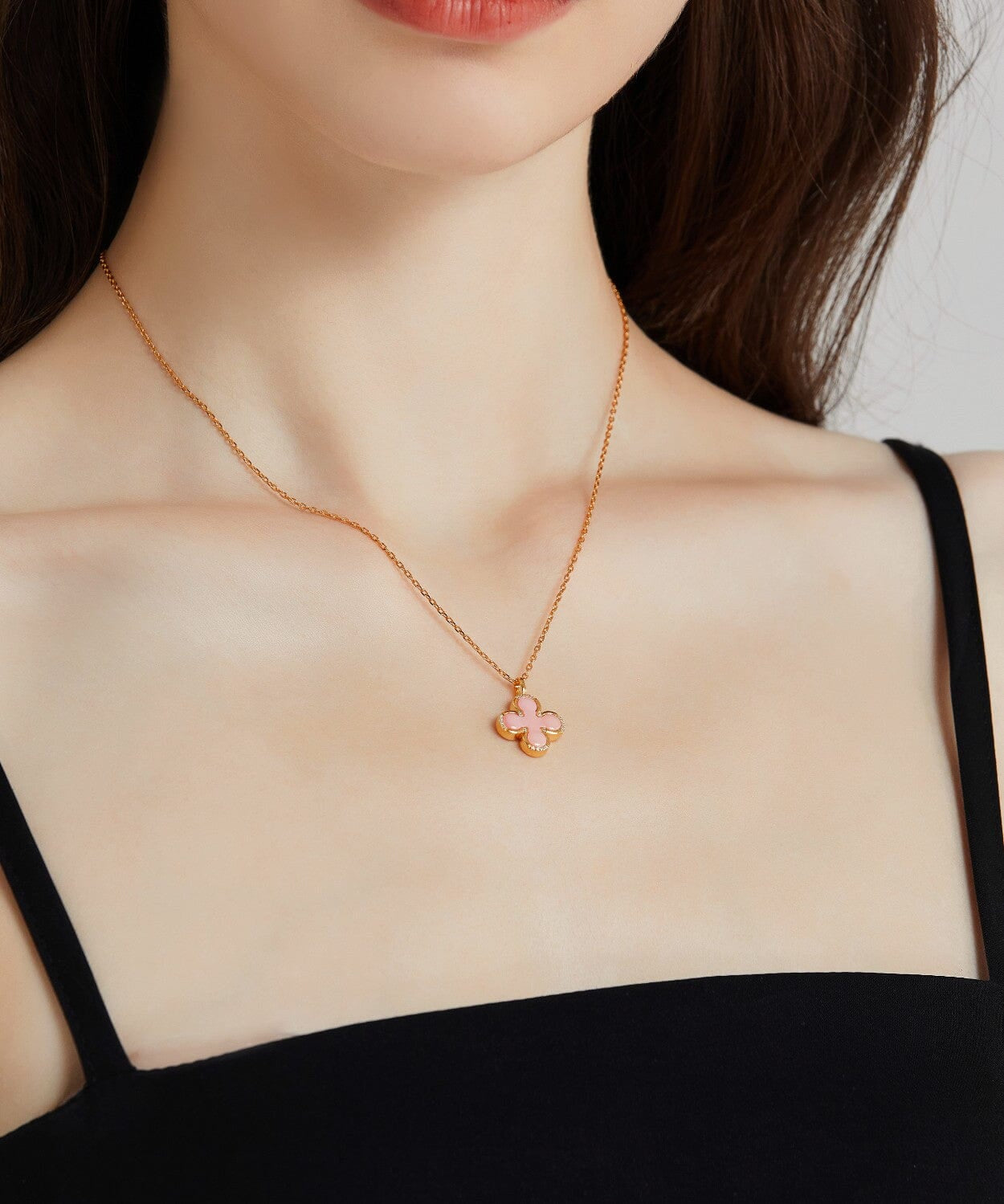 24K Gold Pink Shell Clover Necklace Saurin Jiya