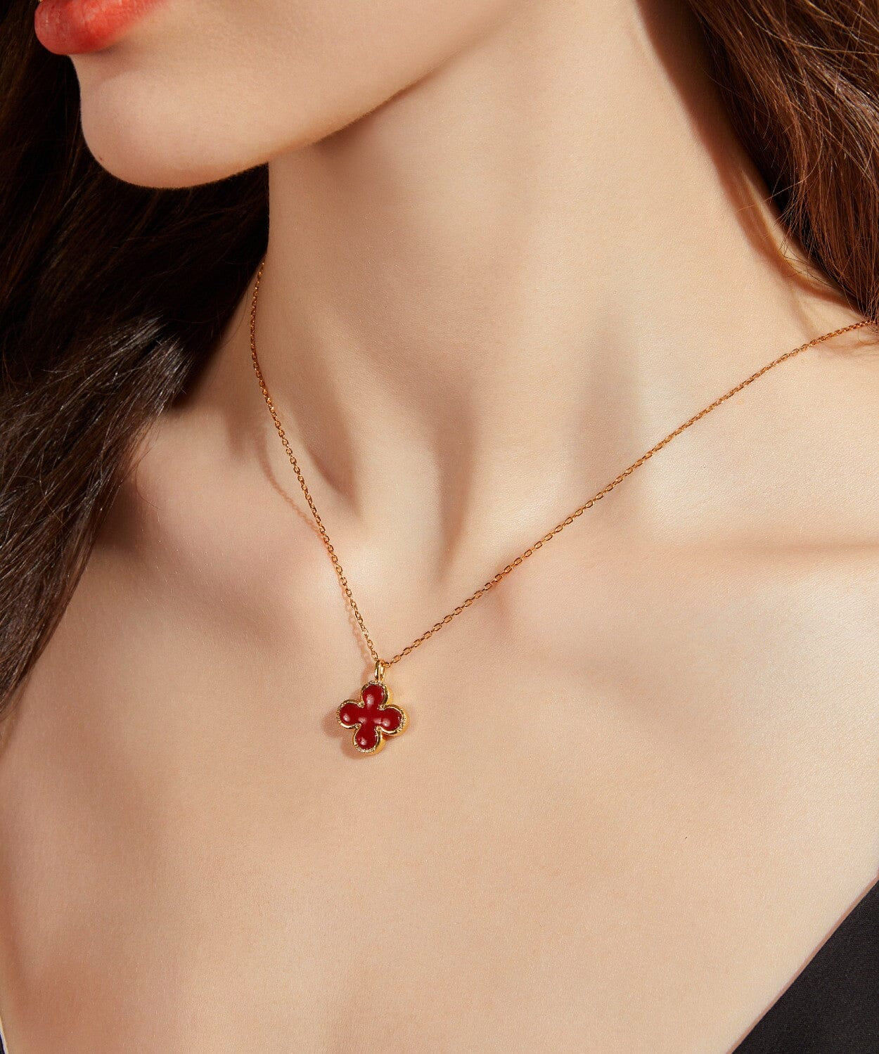 24K Gold Red Agate Clover Necklace Saurin Jiya