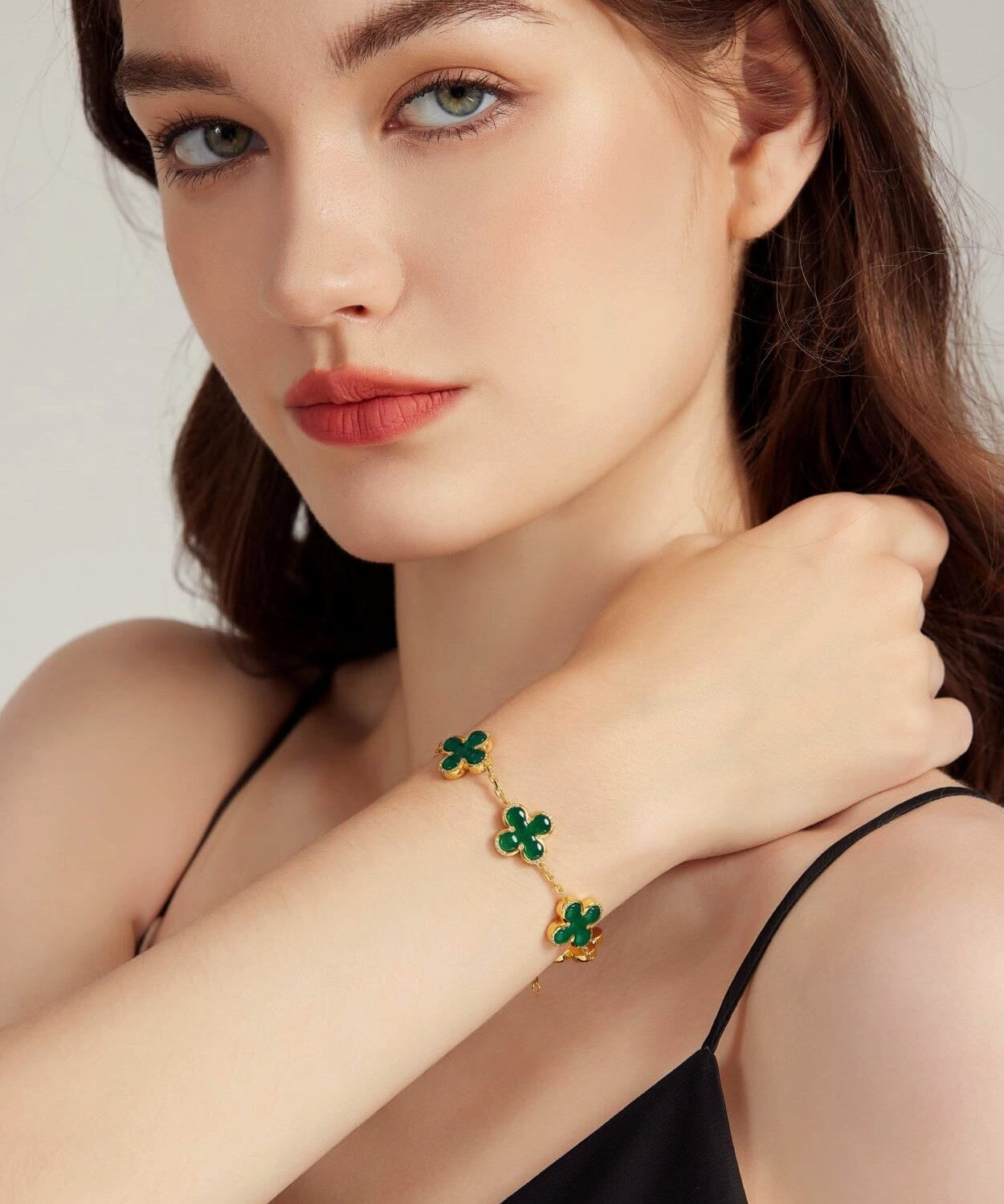 24K Gold Green Agate Clover Bracelet Saurin Jiya